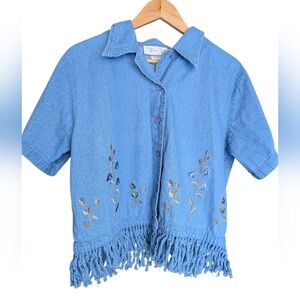 80s 90s Vintage Women's Blue Denim Shirt with Floral Embroidery & Fringe